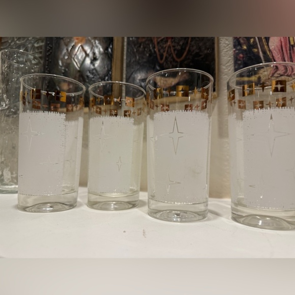 Mid Century Modern White &‎ Gold Atomic Cosmic Starburst Glass Drink Tumblers